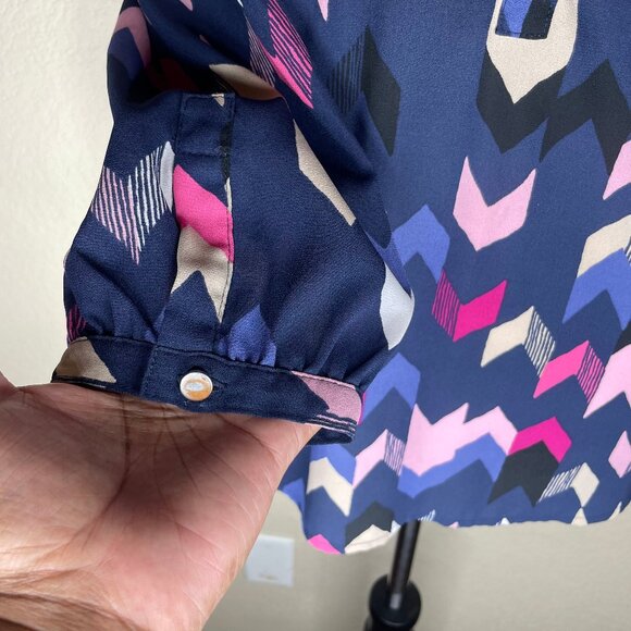 JM Collection Women's Navy Blue Pink Chevron Print Pleated 3/4 Sleeve Blouse XL - Picture 5 of 8
